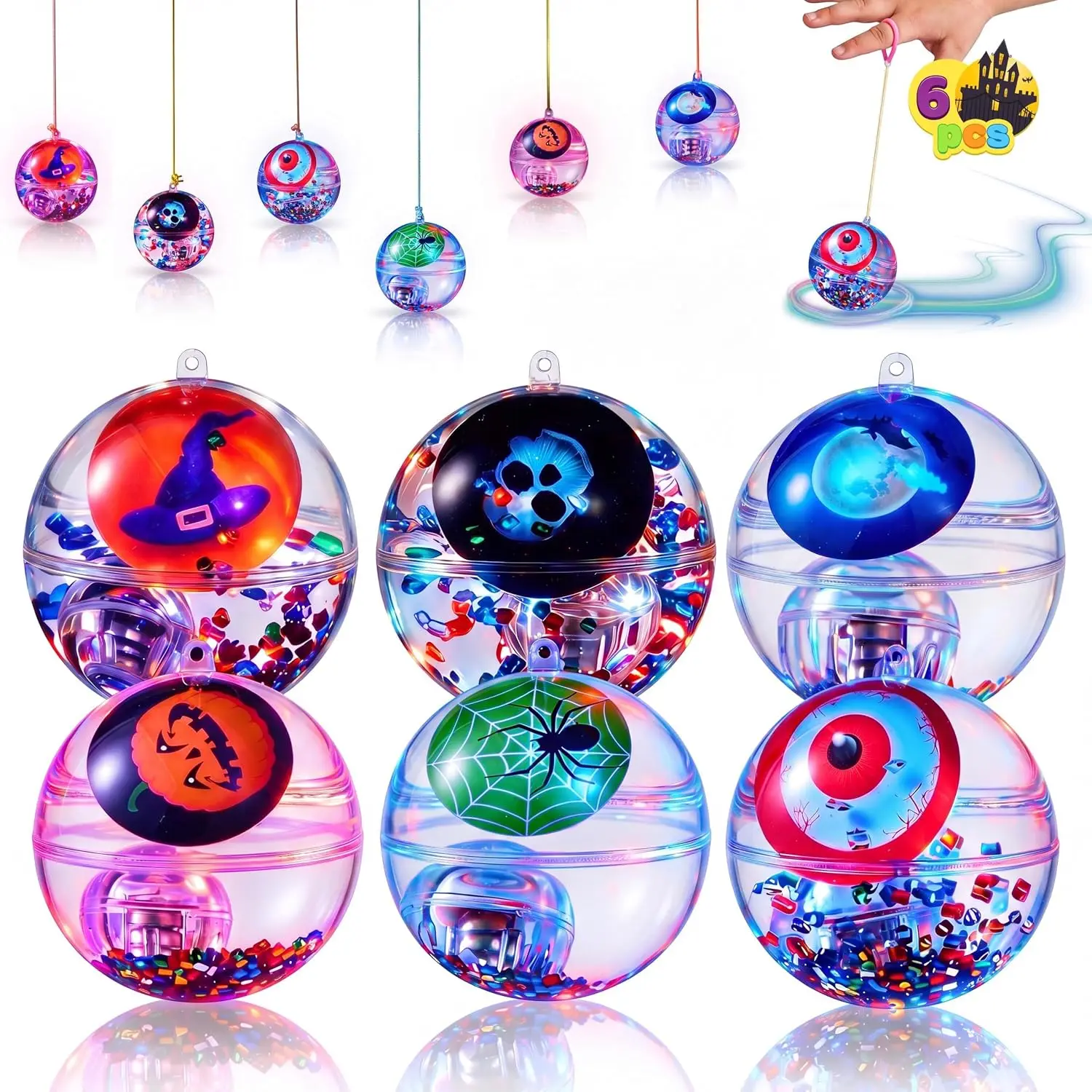 6 Pcs Halloween LED Light Up Bouncing Balls with Elastic Wrist Rope 2.7