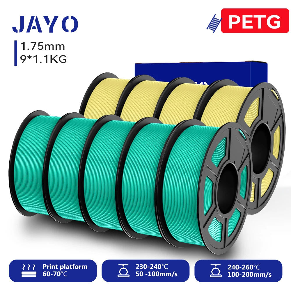 JAYO 9 Rollen 3D PETG/PETG Klares Druckerfilament 1,75 mm ±0,02 mm Hohe Zähigkeit & 100 % ordentlich gewickeltes Filament, passend für 99 % der 3D-FDM-Drucker