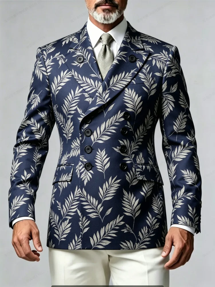 Mens Slim Fit Botanical Pattern Double Breasted Suit Jacket Tropical Vacation Outerwear