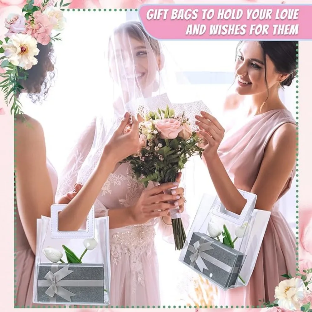 10 Pcs Plastic Gift Bags with Handle Transparent Gift Bag with Fishtail Ribbon Reusable PVC Bags for Bridal Party Baby Shower We