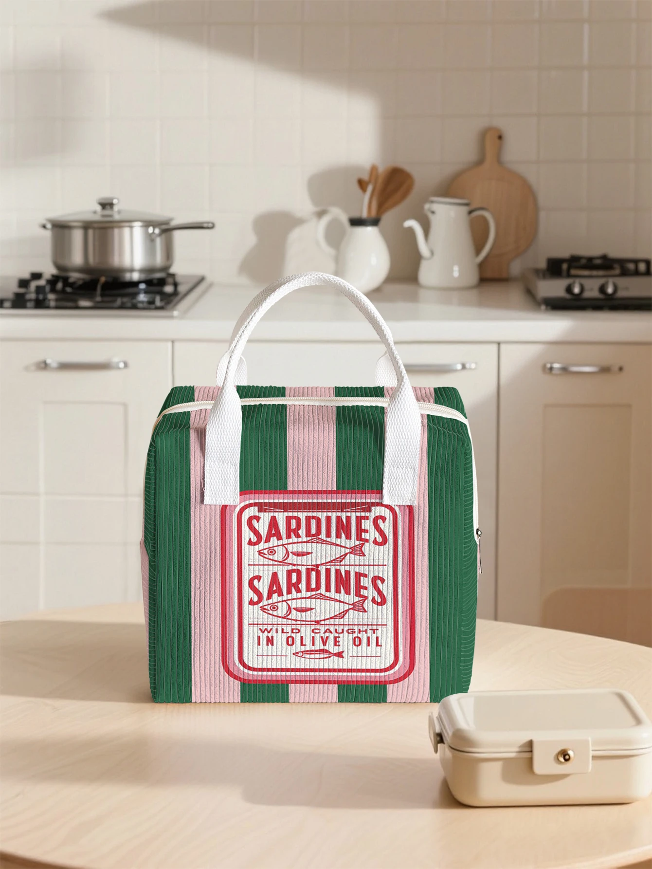 Lunchtasche aus Cord mit Sardinen-Print und Streifenmuster, tragbare, thermisch isolierte, tragbare Lebensmittelaufbewahrungstasche für Picknick, Büro, Schule