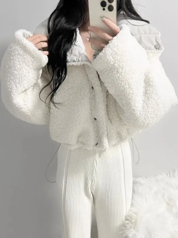 한국 슬레 오르트 코튼 재킷 여성용 겨울 루즈핏 양털 칼라 롱 코트