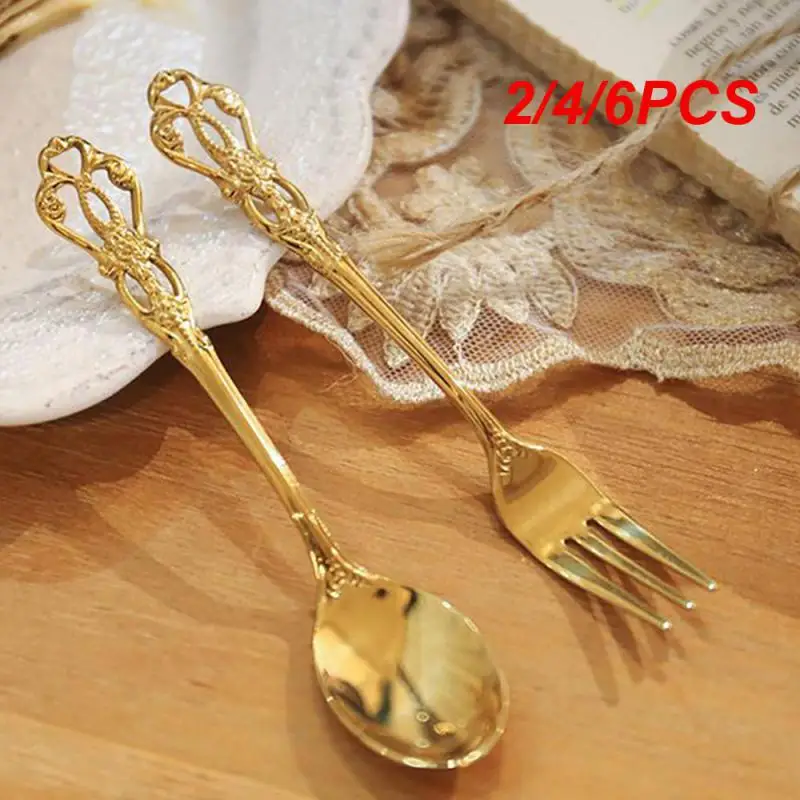 2/4/6PCS New Rose Flower Spoon Light Luxury Coffee Scoops Mixing Spoon Durable Mirror Polishing Forks Fruit Fork Retro