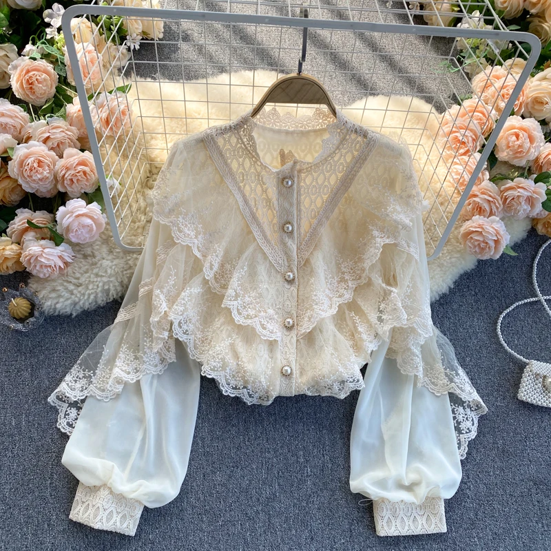 Spring Women Shirts Splicing Lace Embroidery Cascade Ruffle Blouses Pearl Stand-up Collar Lantern Sleeve Chiffon Button Up Shirt