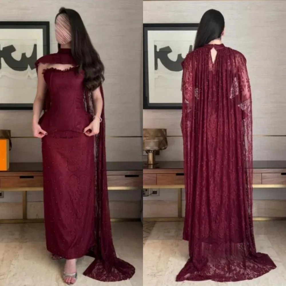 تخصيص مطابقة معقدة الدانتيل الطية Ruched اللؤلؤ الديكور مستقيم عالية الياقة فساتين متوسطة الطول فساتين مناسبة مخصصة رسمية