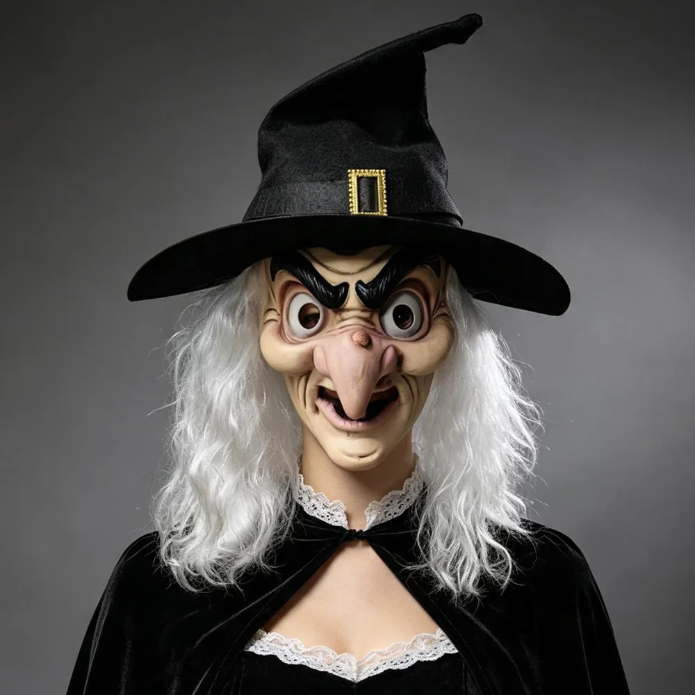 Creepy Old Witch Full Head Mask With Hat White Hair Cosplay Evil sorceress Latex Masks Halloween Fancy Dress Party Costume Props