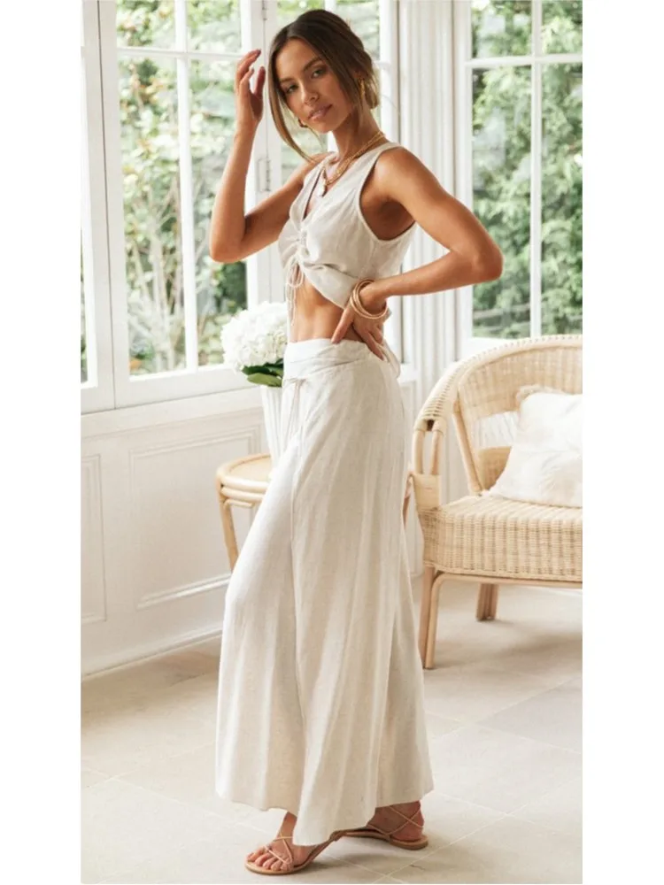 Letni dwuczęściowy zestaw damski w jednolitym kolorze z dekoltem w serek, modny bezrękawnik z sznurowaniem + spodnie z szerokimi nogawkami, elegancki strój do biura.