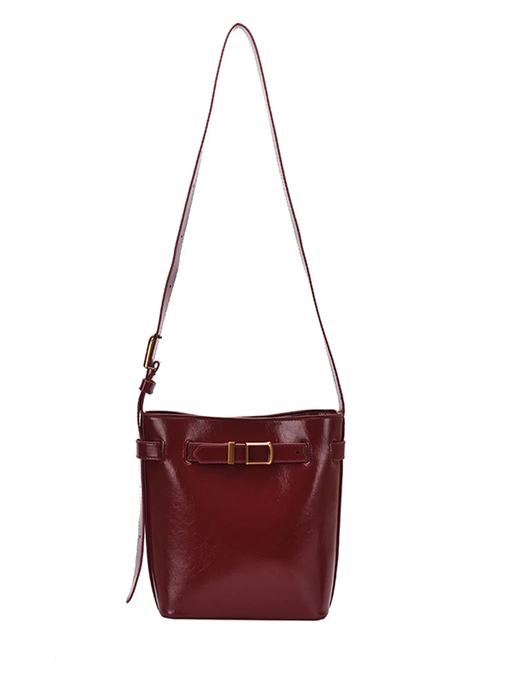 Red Patent Leather Bucket Bags Women Simple Versatile Shoulder Pack High Quality Textured Commute Crossbody Bag