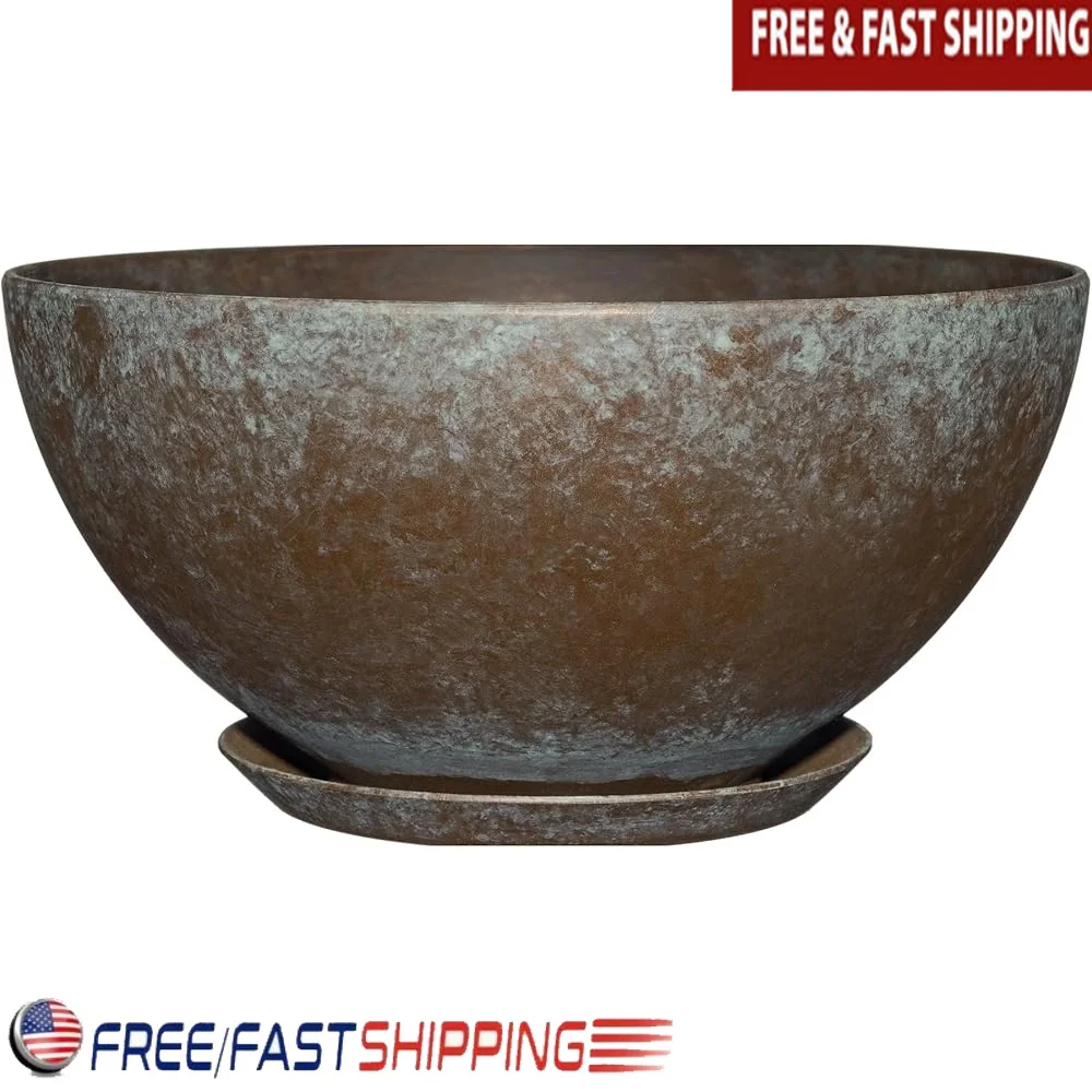 

Modern Shallow Round Planter with Drainage Lightweight UV Resistant Resin Pot Indoor Outdoor Small Plants