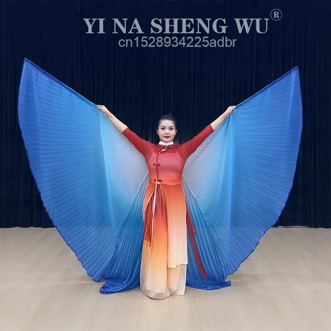 جديد الرقص الشرقي الدعائم أجنحة الأبيض والأزرق التدرج الشيفون عباءة الأداء الإناث مرة أخرى مع الدعائم أجنحة الثناء الأداء #3