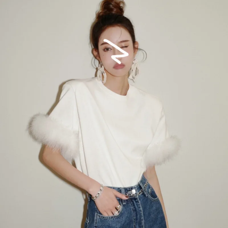 Loose Comfort Socialite Tassel Furry T-shirt Top Women's 2024 Summer Casual Solid Color Hollow-out Short Sleeve Trendy T-shirts