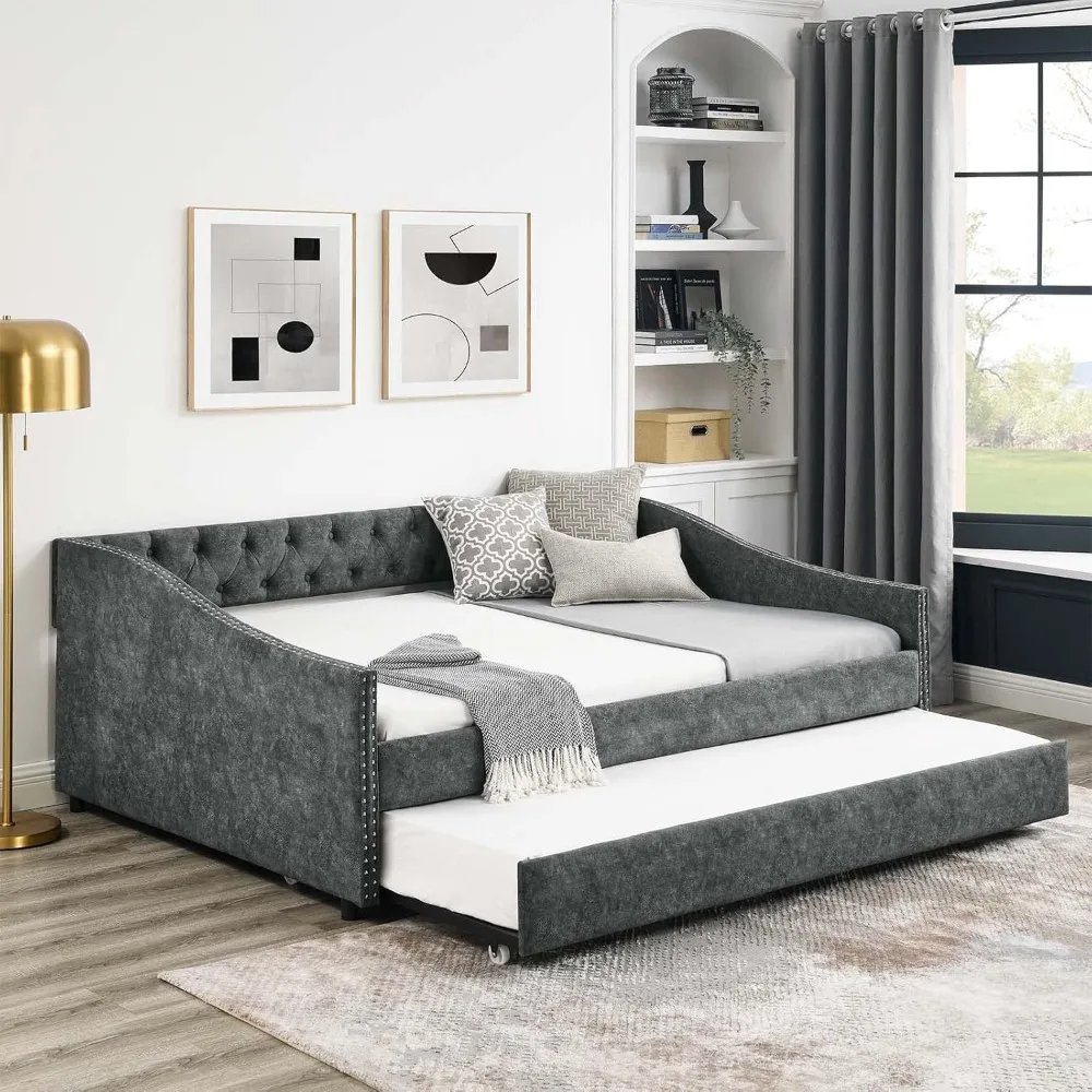 antetek daybed with trundle, modern linen upholstered full size day bed button-tufted sofa daybed frame and a trundle, no box sp