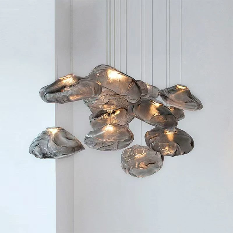 Modern Stylish Smoky Grey Metal Painted Stone Shaped LED Pendant Lights Art Lustre Lamps for Bedroom Home Decoration Chandelier
