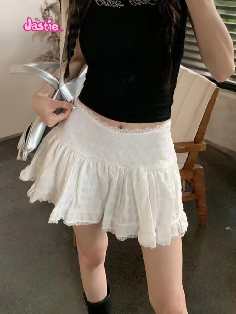 

2024 Summer Lace Trim White Sweet Mini Skirts A-line High Waist Folds Short Faldas Woman Casual Cute Preppy Style Y2k Skirt