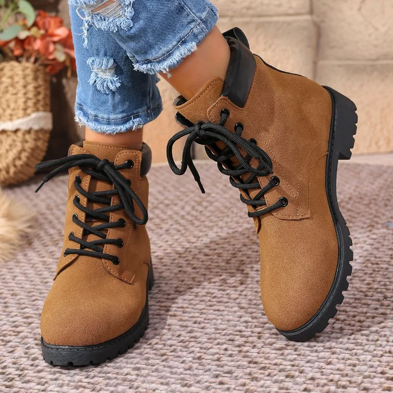Women's Fashionable Round Toe Suede Lace-up Thick Sole Non-slip Wear-resistant Work Boots 2026Winter Outdoor Cycling Ankle Boots