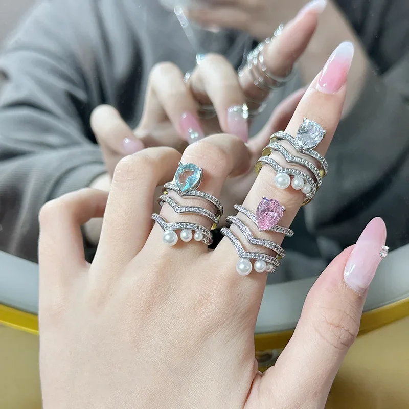 

MDL Moissa!ite style pearl crown stacking ring women 18k plated radiant rose pink hundred matching index finger ring