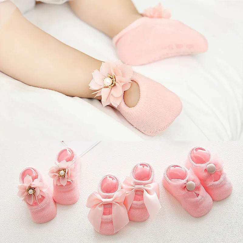 MILANCEL New Spring Baby Walking Socks Girls Sweet Flower Bow Floor Socks 3 Pairs a Lot