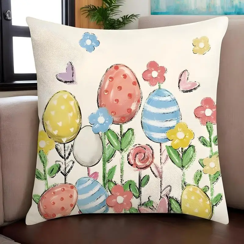 Happy Easter Pillow Covers 18x18in Decorative Square Pillow Case Stylish Home Decor Cushion Case Linen Farmhouse Pillow Covers