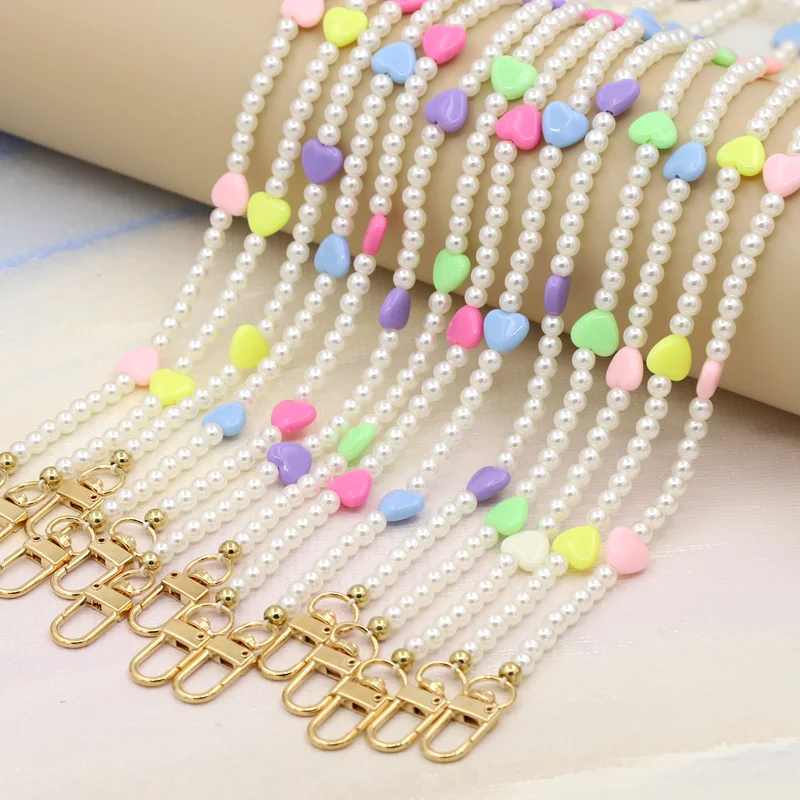 120cm Long Chain Colorful Lovely Heart Charm Mobile Phone Chain Imitation Pearl Bag Accessories Chain Lanyard Women Jewelry Gift