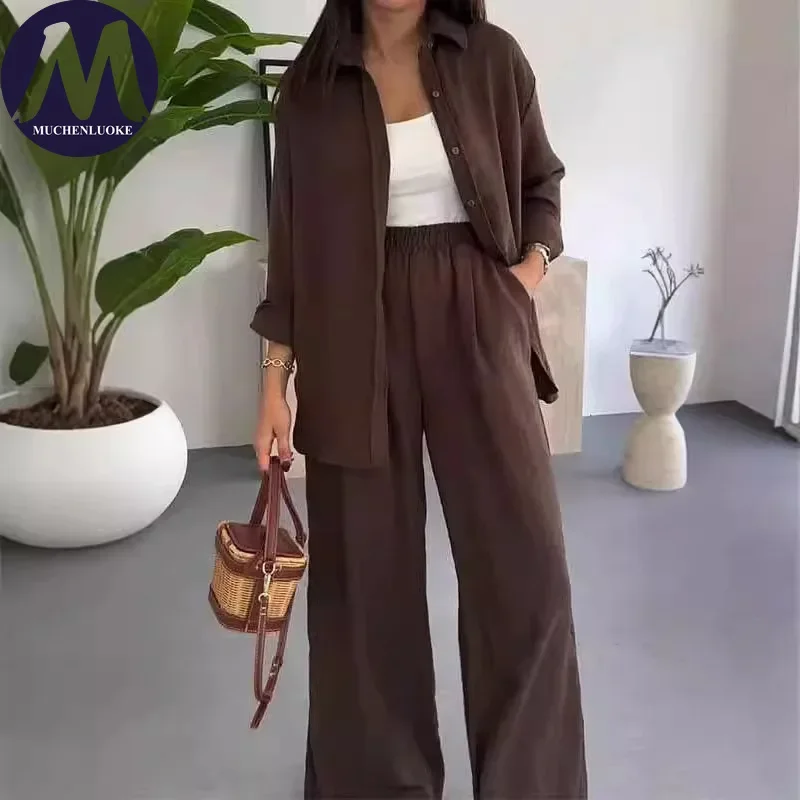 Women's Summer 2-Piece Set Long-Sleeved Lapel Shirt & Casual Wide-Leg Pants Versatile Stylish Outfit Combo