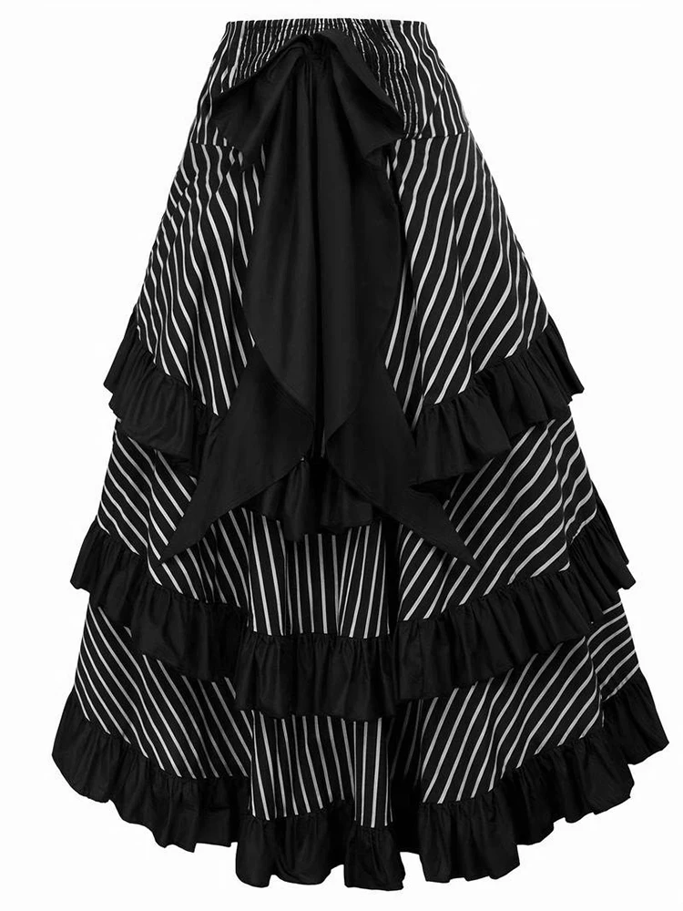 Black and white striped layered pleated long skirt - high waist, Korean style, perfect for spring and summer matching