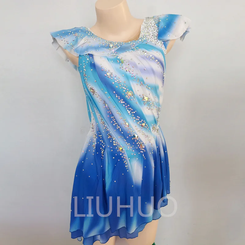 LIUHUO Kids Girls Sleeveless Blue Color Figure Ice Skating Roller Skating Rhinestones  Performance Wear High Quality Gauze Skati