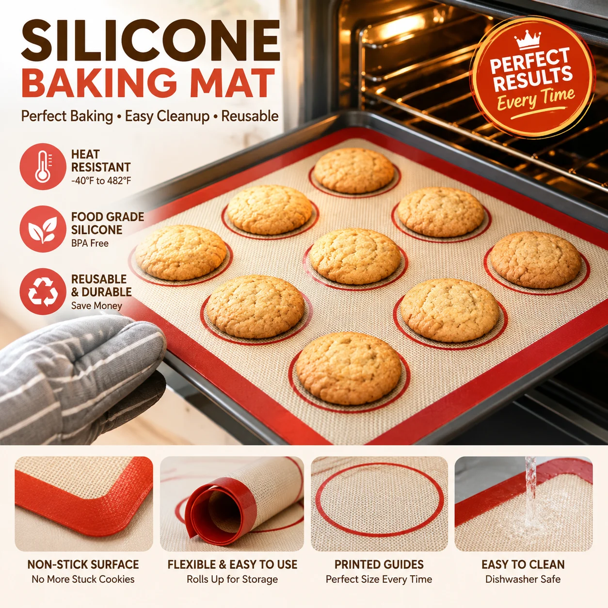 Fiberglass Silicone Baking Mat Non-Stick Heat Resistant Macaron Cookie Kneading Mat Reusable Oven Liner Kitchen