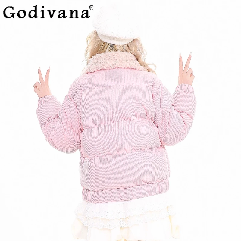 سترة نسائية منتفخة سميكة متعددة الاستخدامات بياقة صوف خروف عتيقة سترة قطنية شتوية غير رسمية يابانية