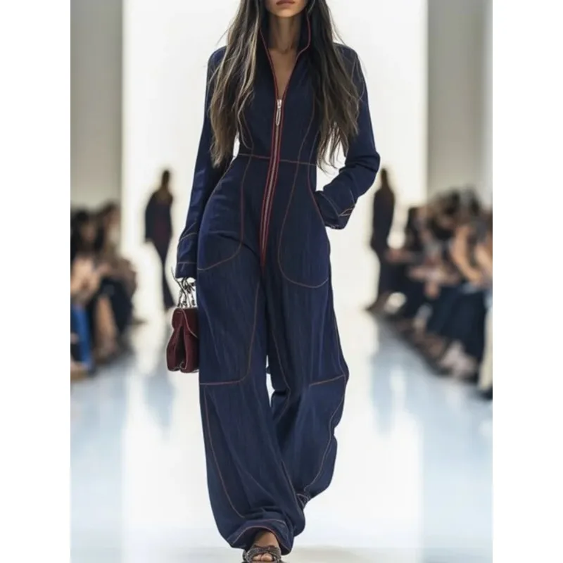 Women's Street Style Denim Jumpsuit 2026 Vintage Contrast Color Zipper Pockets Long Sleeve Wide-leg Long Jumpsuits 187848