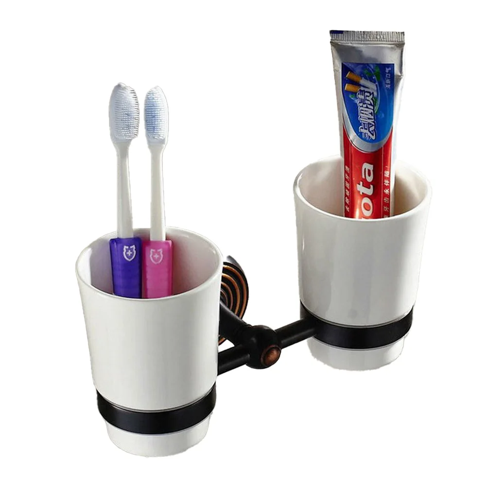 Soporte de cepillo de dientes de latón frotado con aceite negro con tazas dobles de cerámica accesorios de baño montados en la pared aba143
