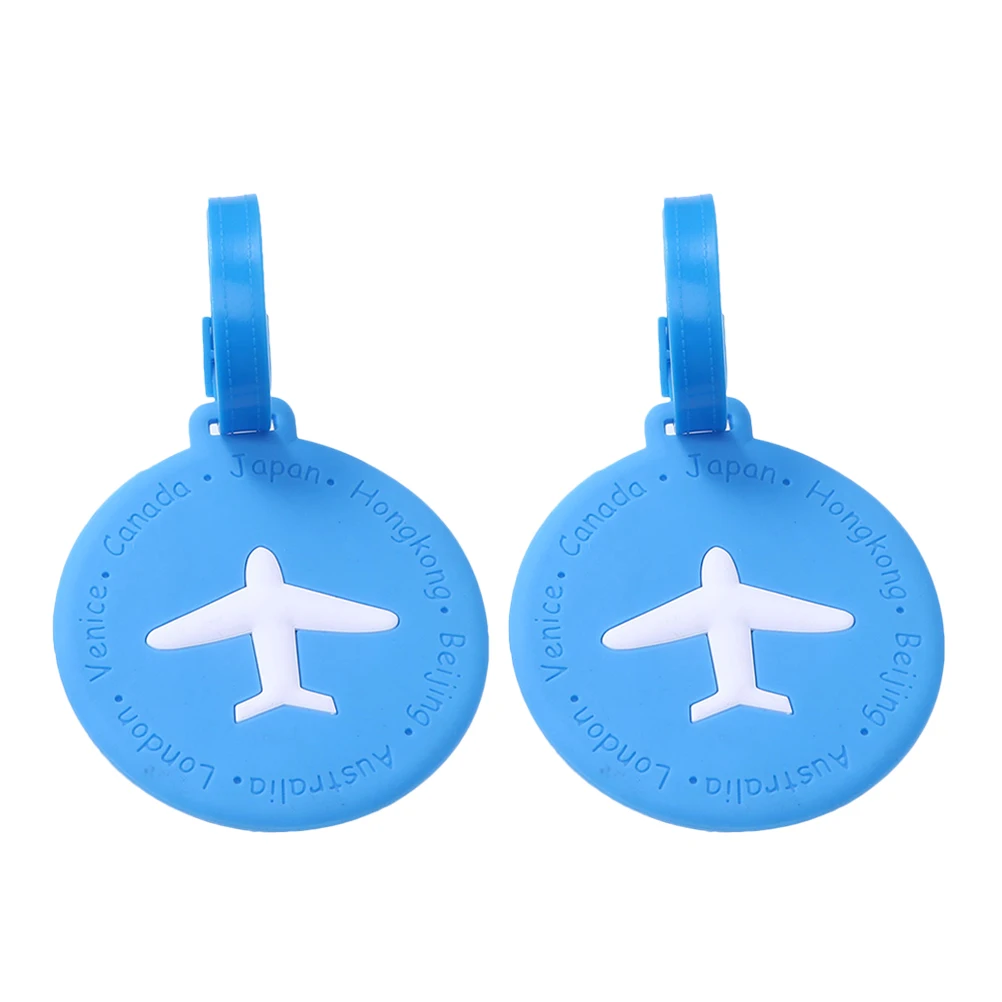 

2 Pcs Blue Silicone Luggage Tags Travel Baggage Labels Airplane Patterns Suitcase ID Address Holder Kids School Bag Tag