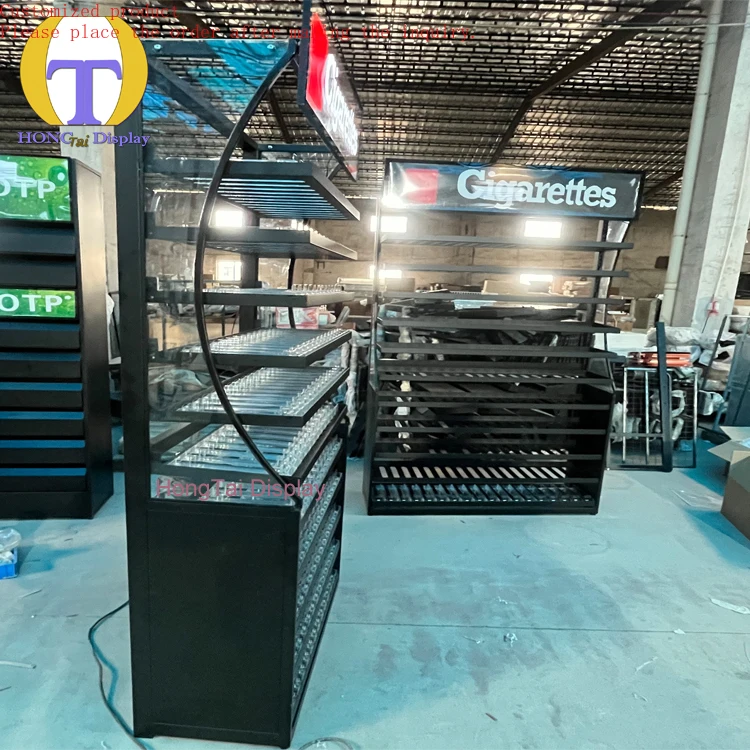 

Custom.Smoke Shop Retail Equipment Metal Showcase Adjustable Shelf With Smoke Pusher Led Tobacco Display Rack