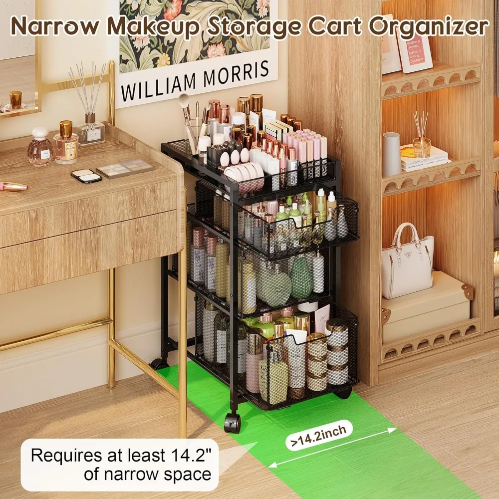 3-Drawer Rolling Makeup Cart with Dividers & Wheels, Versatile Cosmetic Storage Organizer for Beauty Tools, Black