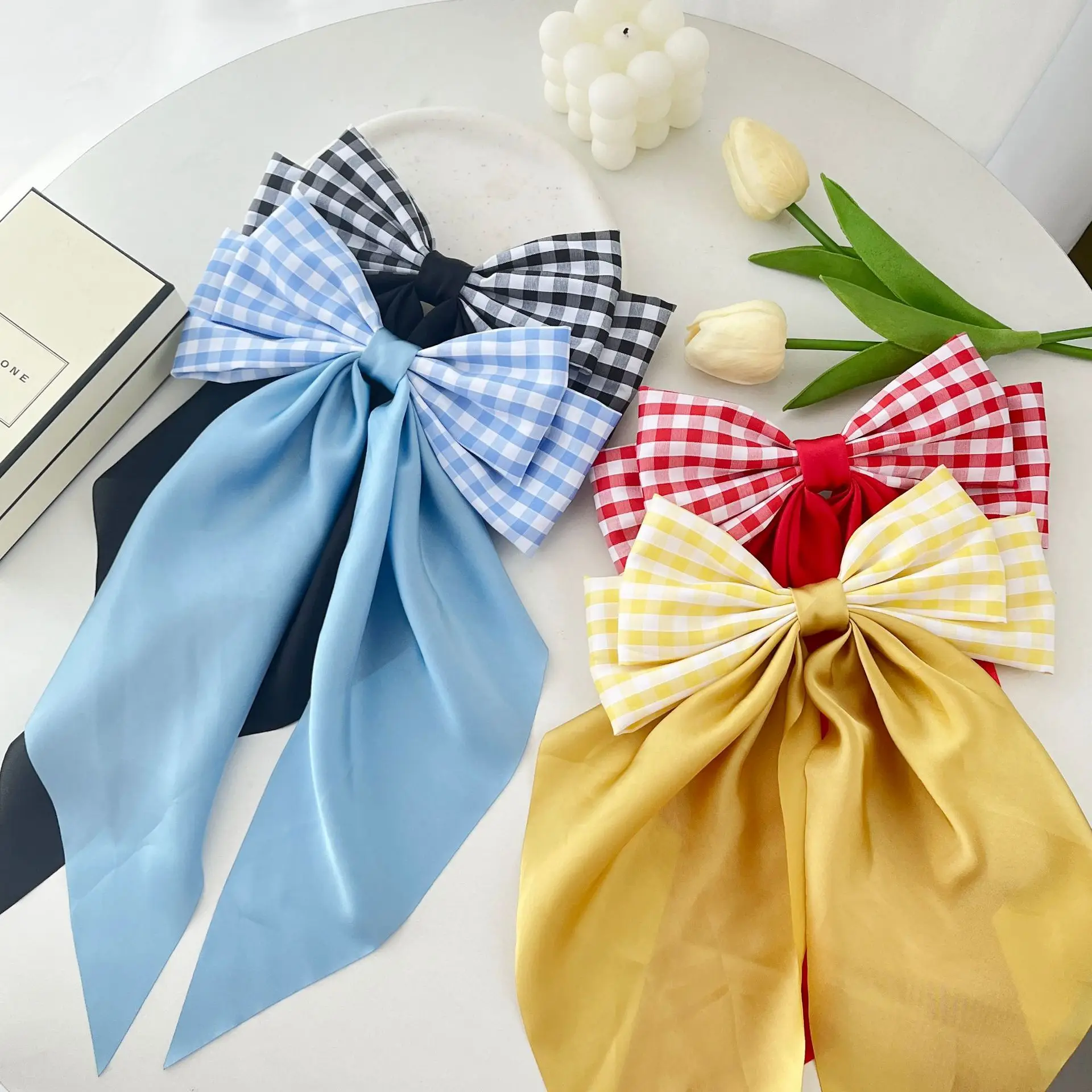 Surprise Price Fabric Plaid Long Satin Ribbon Cute Large Bow Hair Clip Stylish College Style Back Spoon Hair Accesories For Girl