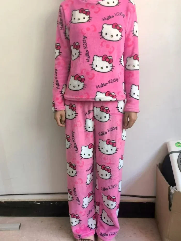 Hello Kitty zestaw piżam Sanrio spodnie od piżamy kurtka Anime polar podwójna elastyczna tkanina miękkie spodnie kobiety kreskówka prezent urodzinowy