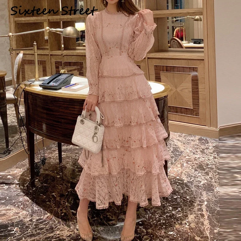 New Pink Lace Woman Dresses  Autumn Long-sleeve Floral Embroidery Elegant Party Maxi Dress Woman Bud Bodycon