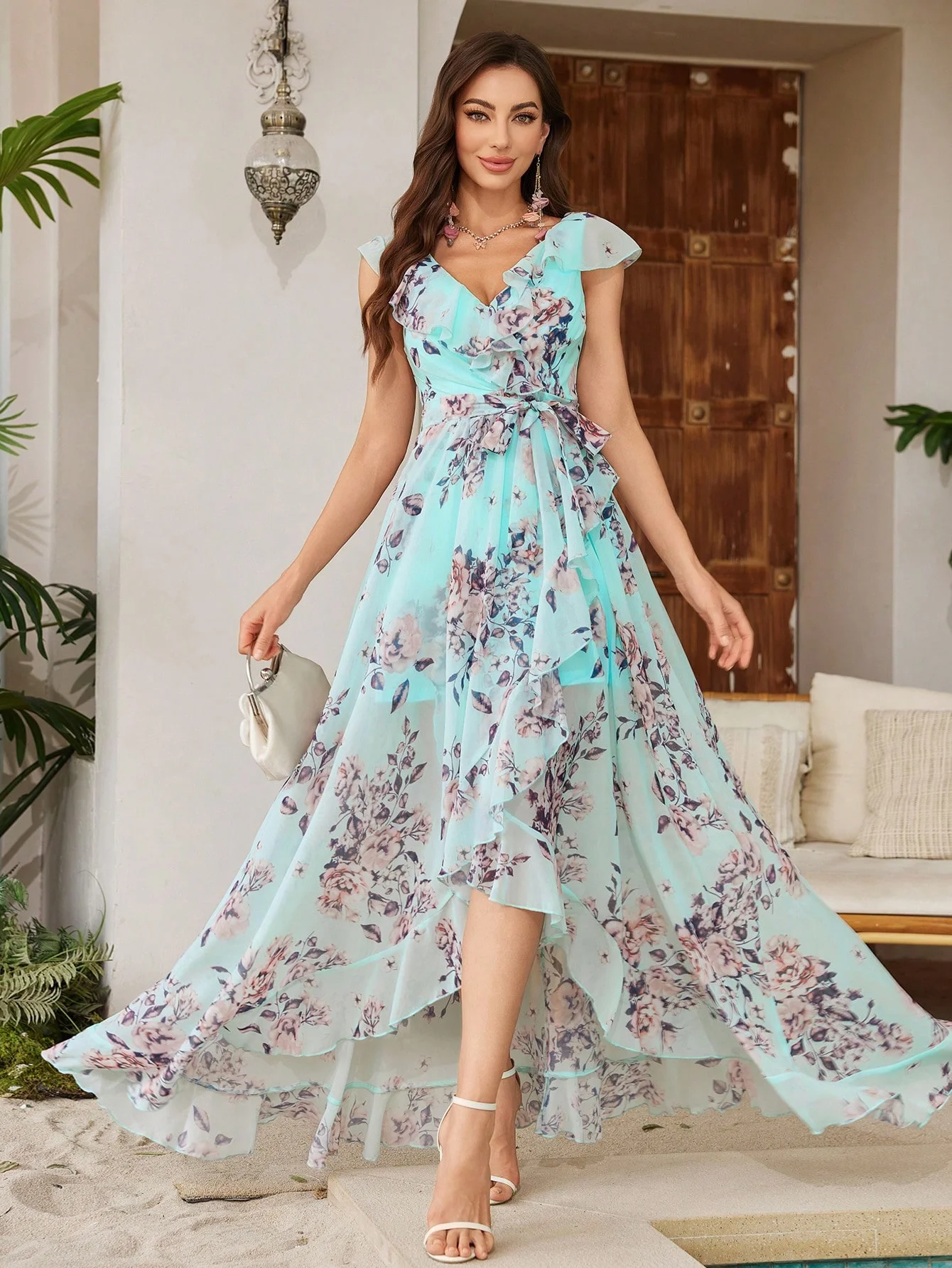 

UNITHORSE Women Floral Print Asymmetrical Ruffle Hem Chiffon Dress