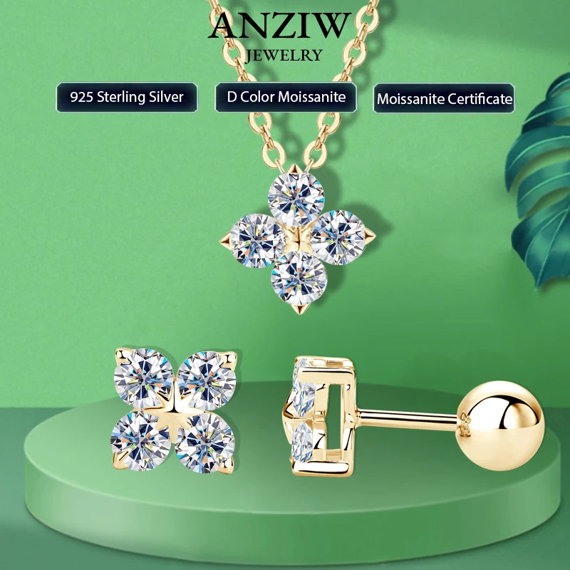

Anziw Lucky Clover Flower 3 мм Муассанит Комплект ювелирных изделий 925 Серебряный кулон Ожерелье Серьги-гвоздики для женщин S925 Очаровательные ювелирные изделия