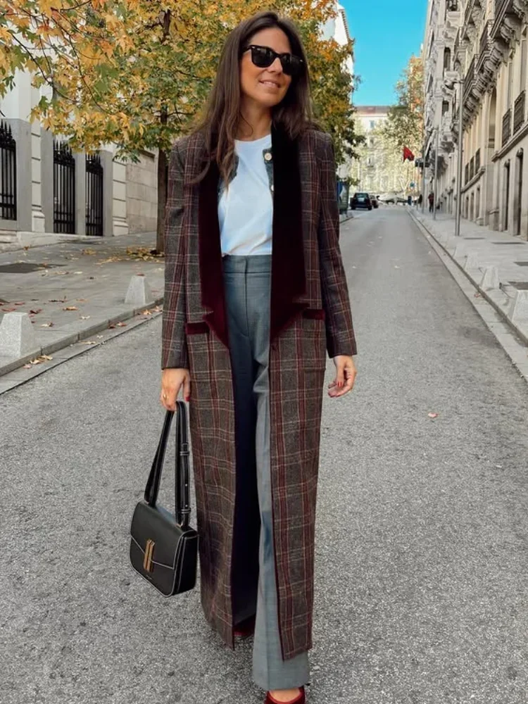 2025  Long Coat Women Turn-down Collar Loose Long Sleeve Button Elegant Outwear Female Thicken Spring Street Jacket Woolen Plaid