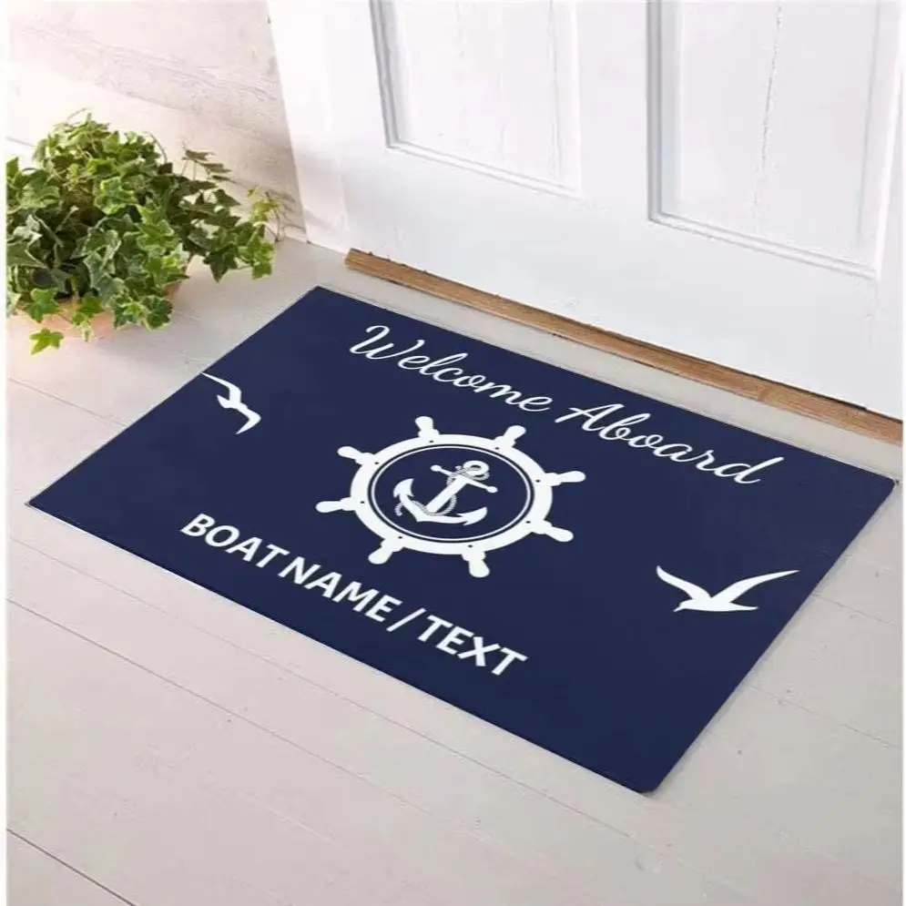 Personalized Welcome Aboard Boat Door Mats, Rubber Backing Welcome Mat, Anchor Nautical Rug, Indoor and Outdoor Gift