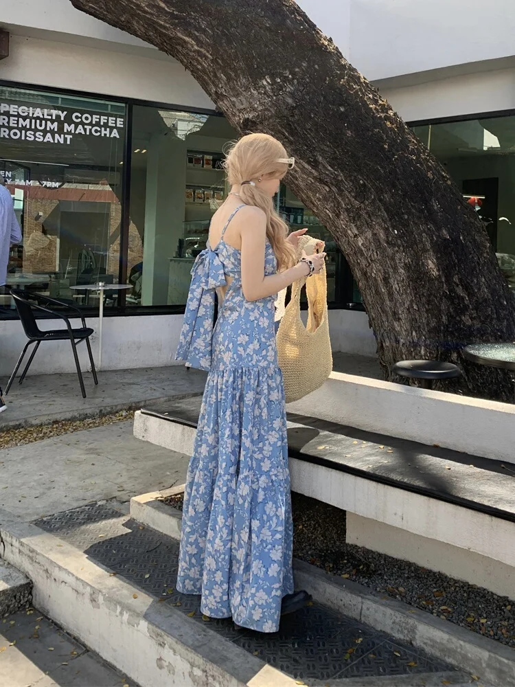 

plus Size Floral Print Sweet Waist Cinching Strapless Dress Korean Style Commute Knot High Waist Long Skirt