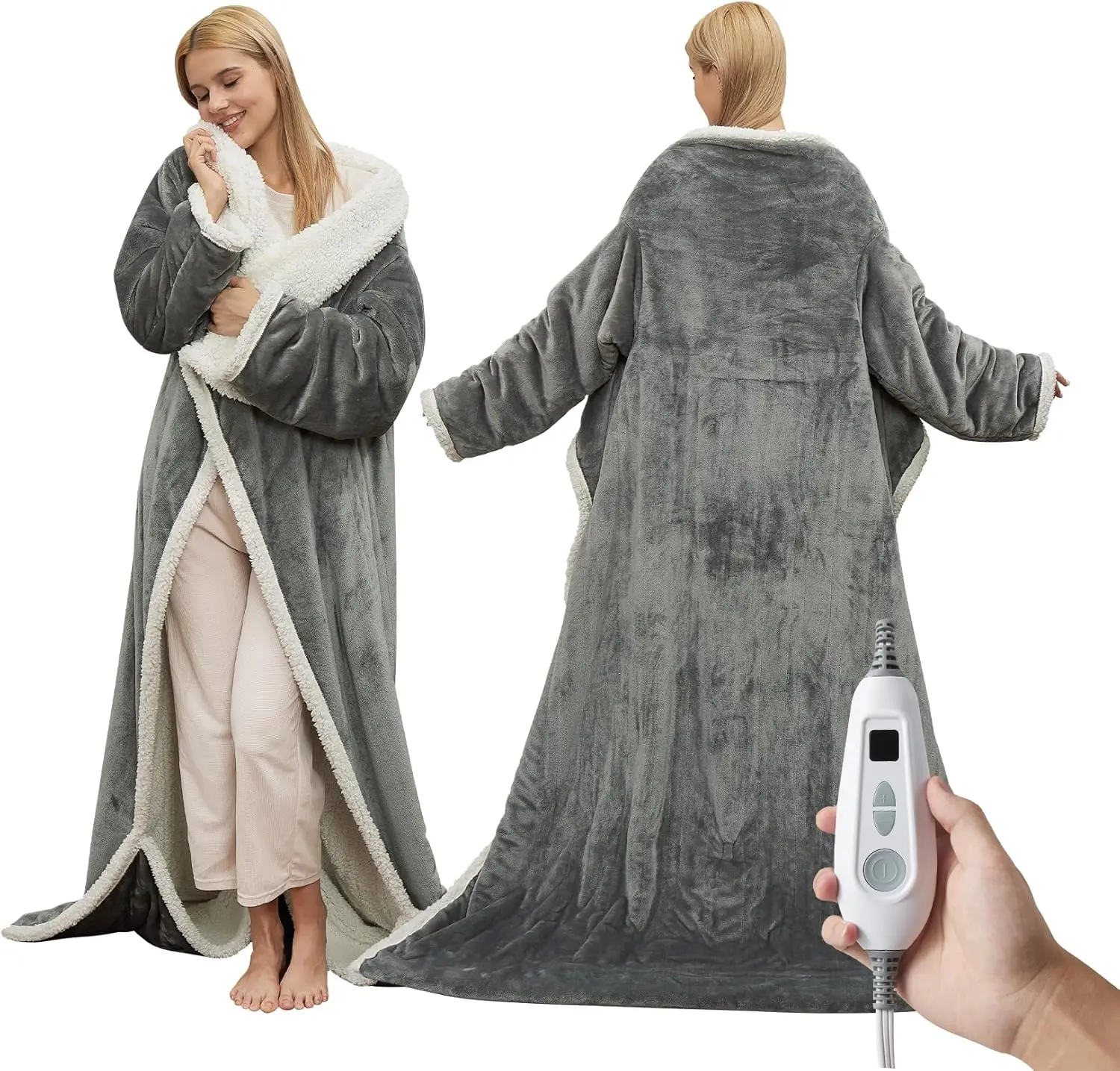 

Wearable Heated Blanket with Foot Pocket and Sleeves, Electric Throw, Flannel & Sherpa, 6 Heat Settings, Auto Shut-Off, Grey
