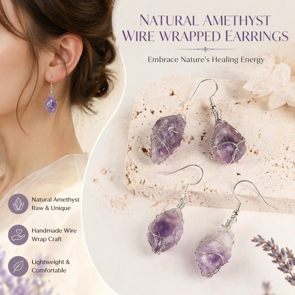 2026 New Natural Amethyst Handmade Wire-Wrapped Earrings Unique Raw Stone Crystal Jewelry Design Holiday Gift First Choice