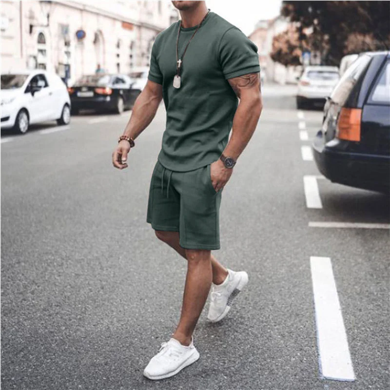 Men's Suit Summer New Loose Waist Lace-up Shorts Simple Style Solid Color O Neck Pullover Tops Male Casual Sports Two-piece Sets