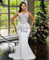 Extraordinary Spaghetti Aso Ebi White Wedding Dresses Beaded Rhinestones Detachable Ball Gown Train African Mermaid Customized