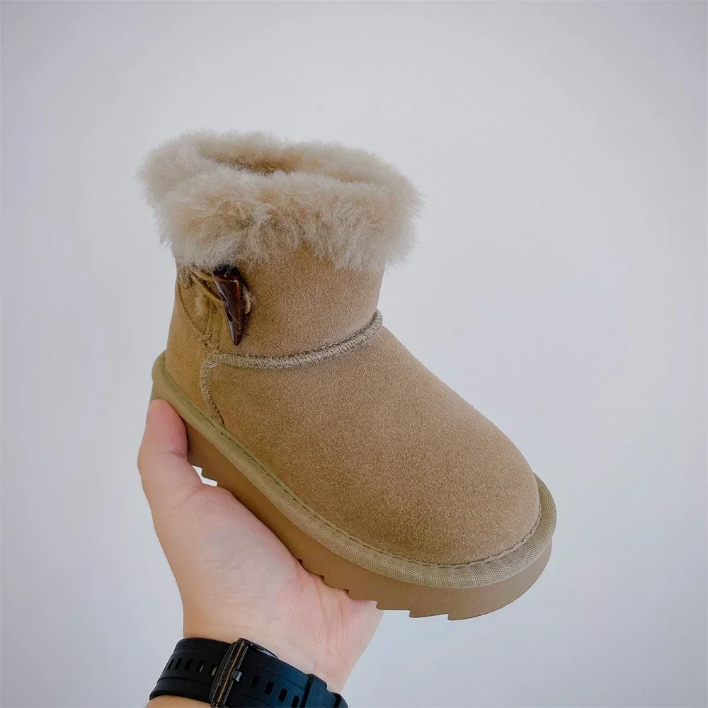 Bottes de neige épaisses en cuir pour enfants, bottes chaudes en coton, chaussures à la mode pour garçons et filles, nouveau style d'hiver