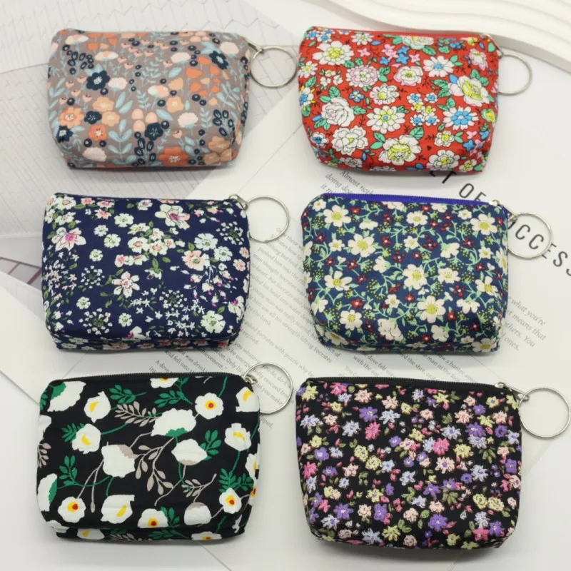 24pcs Random Color Unisex Floral Canvas Coin Purse Card Key Mini Purse Pouch Canvas Bag Small Zipper Coin Wallet