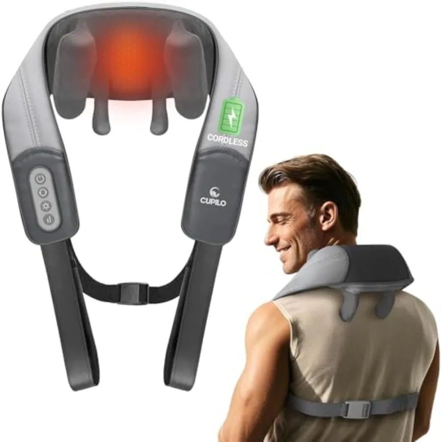 Cordless Neck and Shoulder Massager with Heat for Pain Relief - Rechargeable Deep Tissue Electric Heated Massager for Back and