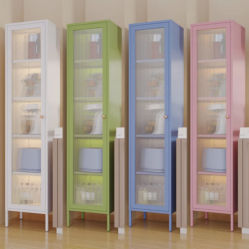 White Single Door Metal High Bookcase Legs Long Rainbow Corrugated Glass Cabinet Bookshelf Library