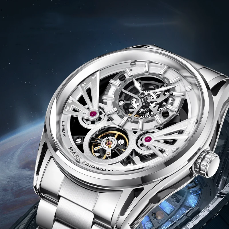 

MARK FAIRWHALE Automatic Watches 6021 New Business Skeleton Dial Stainless Steel Wristwatch Mechanical Watches for Men Reloj